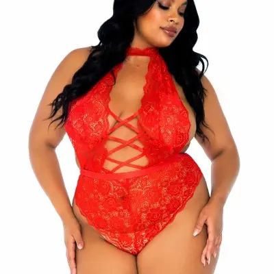 Floral Lace Crotchless Teddy - 1x/2x - Red