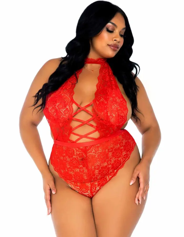 Floral Lace Crotchless Teddy - 1x/2x - Red