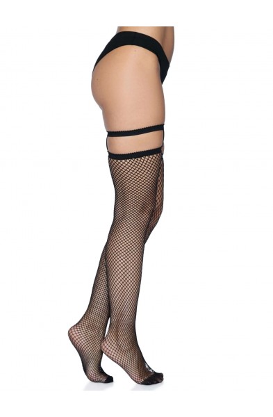 Garter Top Fishnet Thigh Highs - One Size - Black