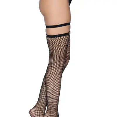 Garter Top Fishnet Thigh Highs - One Size - Black