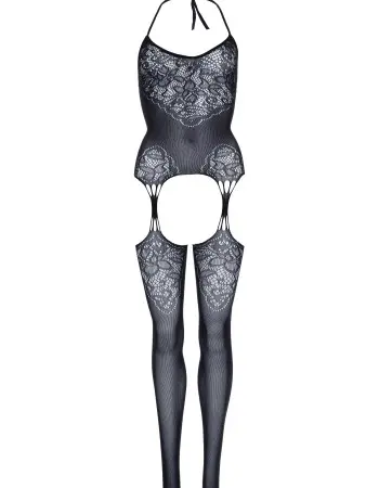 Seamless Lace Jacquard Net Suspender Bodystocking  - 1x/2x - Black