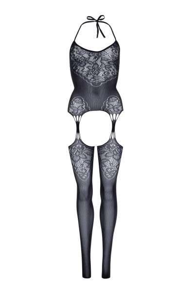 Seamless Lace Jacquard Net Suspender Bodystocking  - 1x/2x - Black