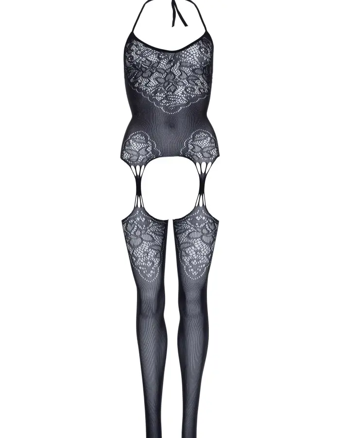 Seamless Lace Jacquard Net Suspender Bodystocking  - 1x/2x - Black