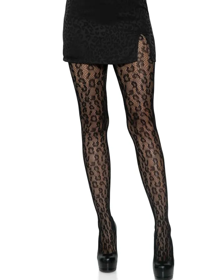 Leopard Net Tights - One Size - Black