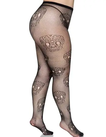 Lace Skulls Fishnet Tights - 1x/2x - Black