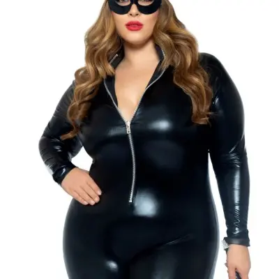 Lame Zipper Front Catsuit - 1x/2x - Black