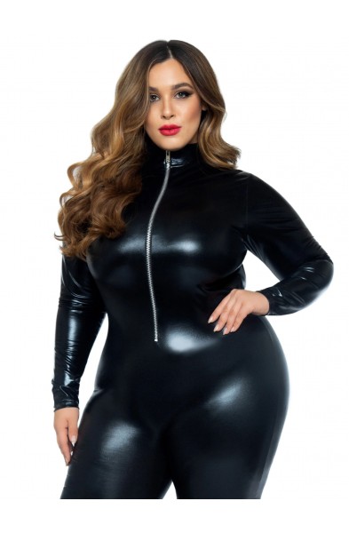 Lame Zipper Front Catsuit - 1x/2x - Black