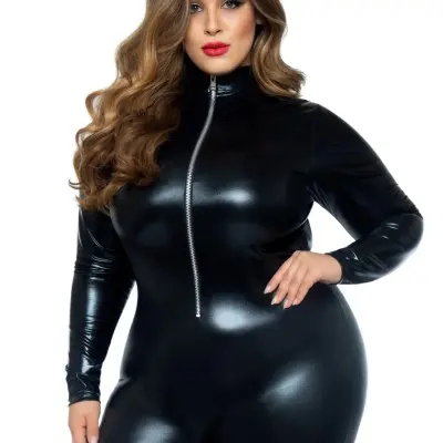 Lame Zipper Front Catsuit - 1x/2x - Black