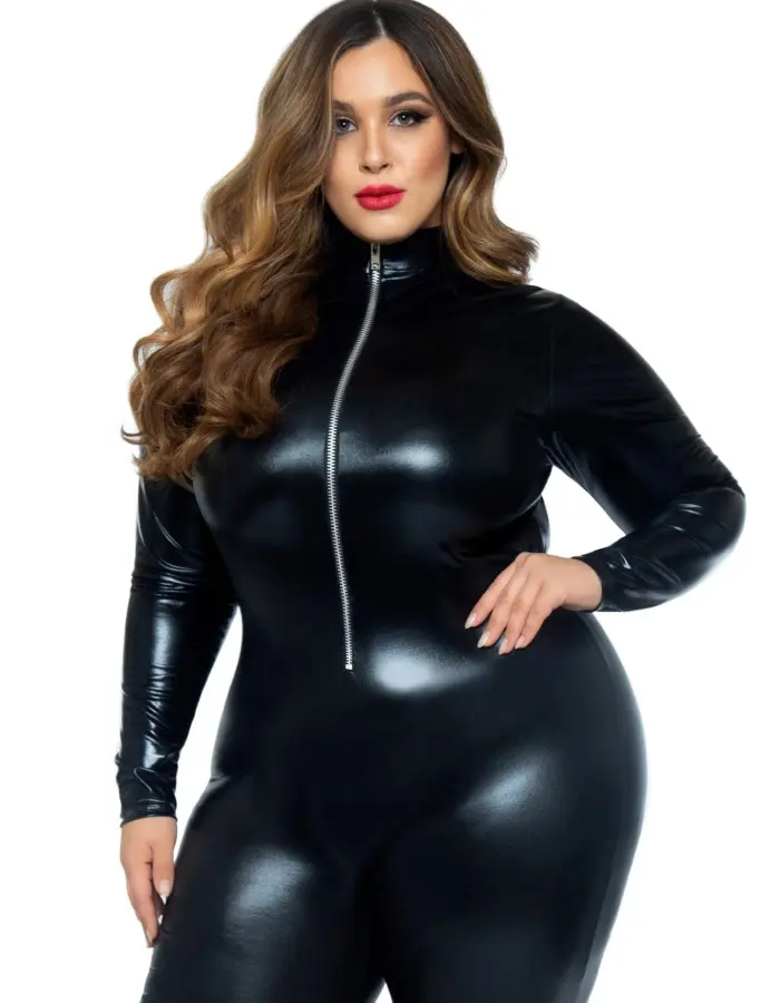 Lame Zipper Front Catsuit - 1x/2x - Black