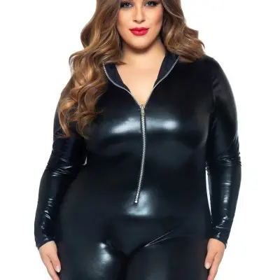 Lame Zipper Front Catsuit - 1x/2x - Black