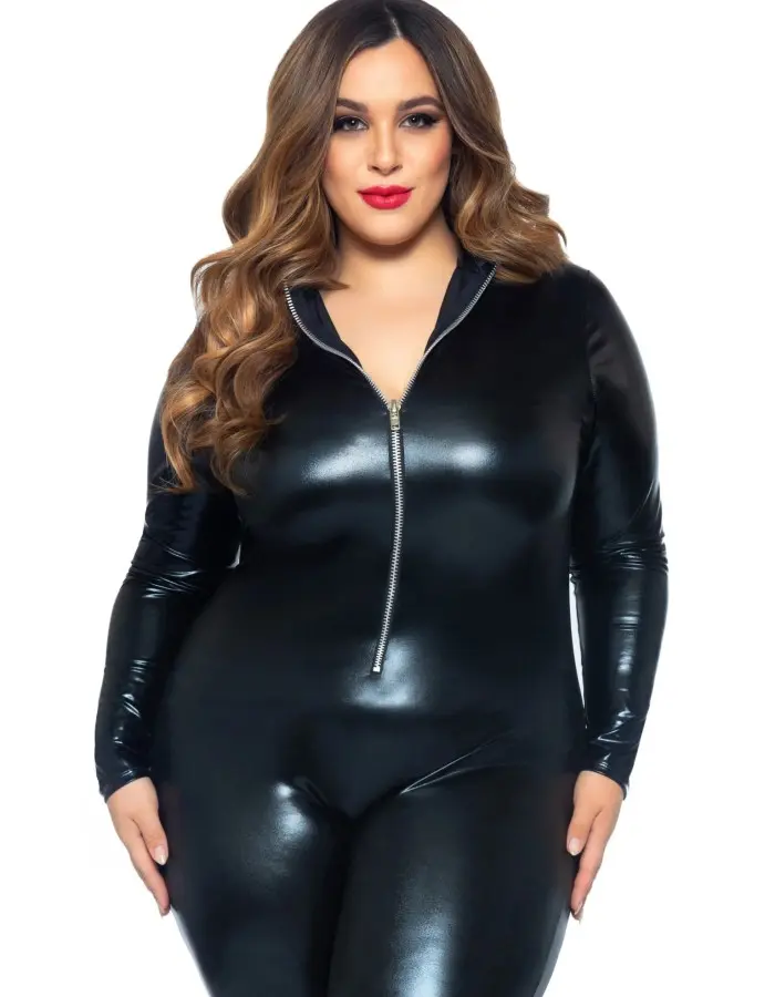 Lame Zipper Front Catsuit - 1x/2x - Black