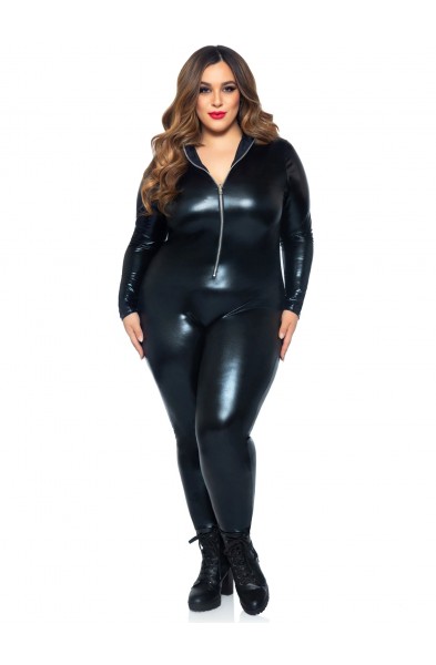 Lame Zipper Front Catsuit - 1x/2x - Black