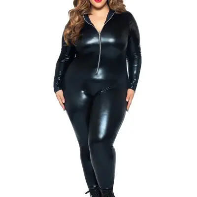 Lame Zipper Front Catsuit - 1x/2x - Black