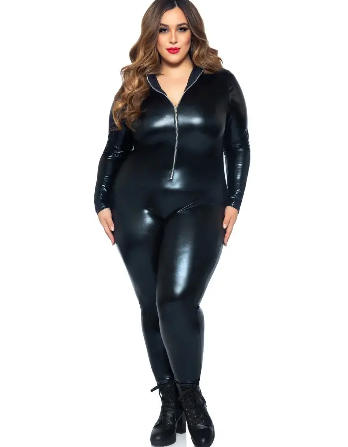 Lame Zipper Front Catsuit - 1x/2x - Black