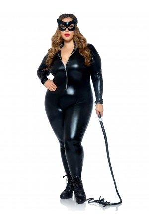 Lame Zipper Front Catsuit - 1x/2x - Black