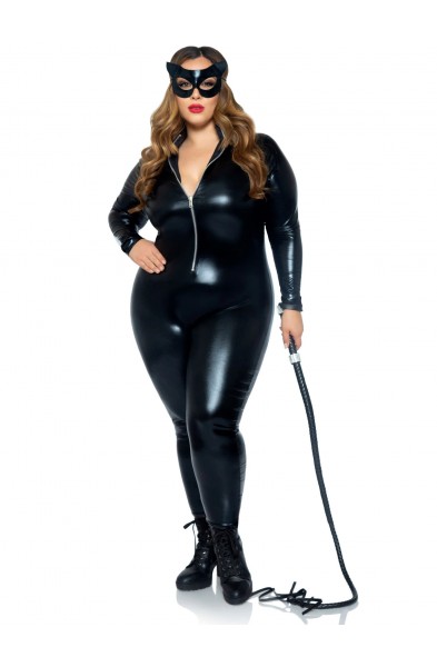 Lame Zipper Front Catsuit - 1x/2x - Black