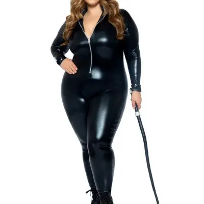 Lame Zipper Front Catsuit - 1x/2x - Black