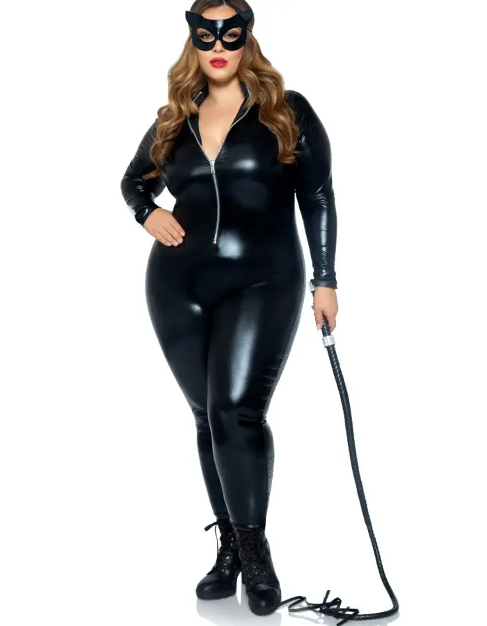 Lame Zipper Front Catsuit - 1x/2x - Black