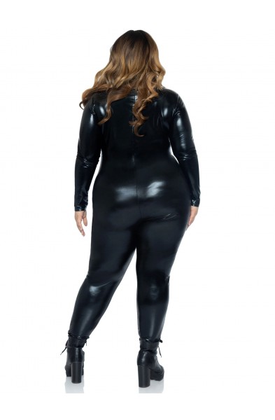 Lame Zipper Front Catsuit - 1x/2x - Black