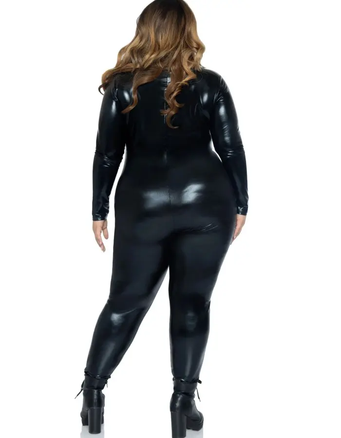 Lame Zipper Front Catsuit - 1x/2x - Black