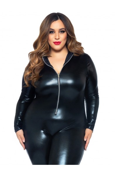 Lame Zipper Front Catsuit - 3x/4x - Black