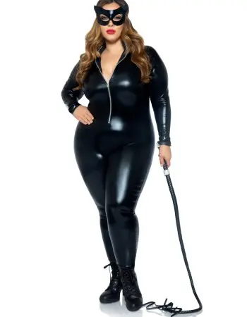 Lame Zipper Front Catsuit - 3x/4x - Black