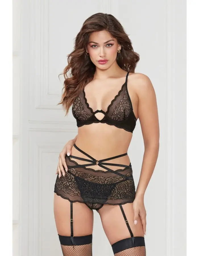 Three Piece Floral Lace Bra, Skirt, and G-String  Set - One Size - Black