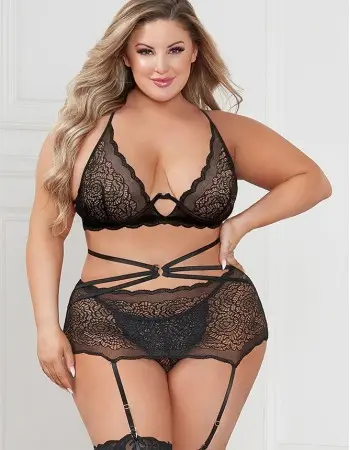 Three Piece Floral Lace Bra, Skirt, and G-String  Set - Queen - Black