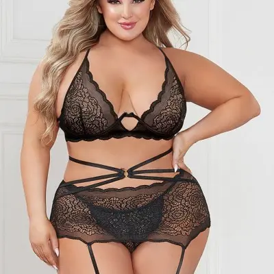 Three Piece Floral Lace Bra, Skirt, and G-String  Set - Queen - Black