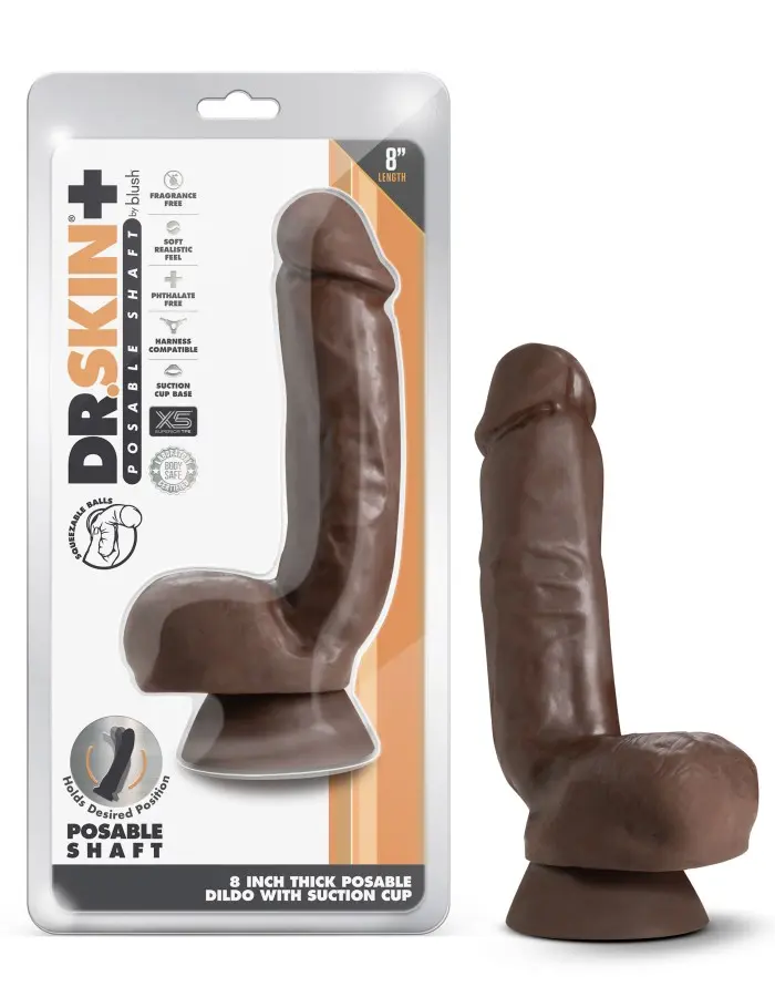 Dr. Skin Plus - 8 Inch Thick Poseable Dildo With  Squeezable Balls - Chocolate