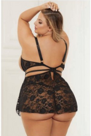 2 Pc Lace Babydoll and G-String Set - Queen -  Black