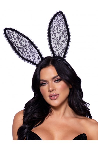 Ruffle Trimmed Bendable Lace Bunny Ears - Black