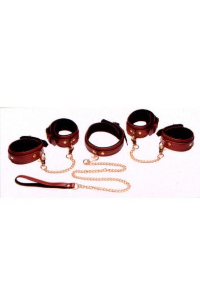 6 Piece Burgundy Bondage Set Burgundy Cuffs,  Collar and Leash