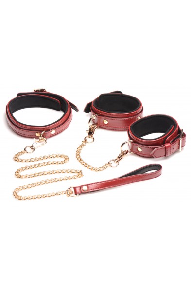 6 Piece Burgundy Bondage Set Burgundy Cuffs,  Collar and Leash