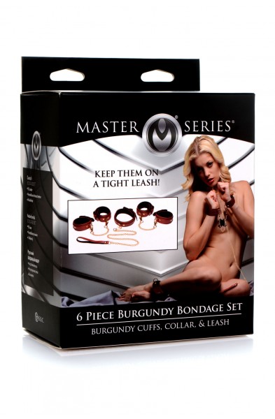 6 Piece Burgundy Bondage Set Burgundy Cuffs,  Collar and Leash