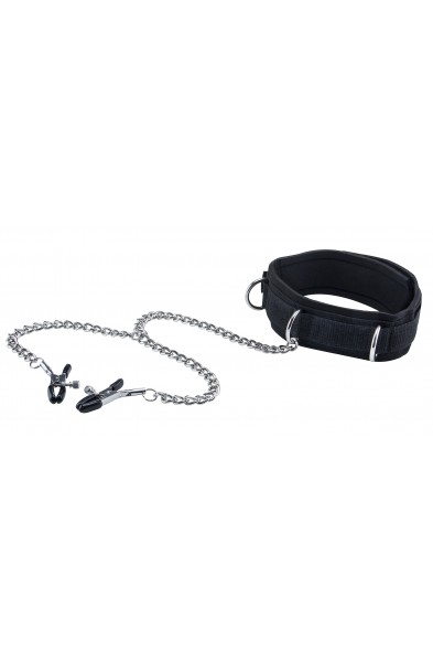 Velcro Collar With Nipple Clamps - Black