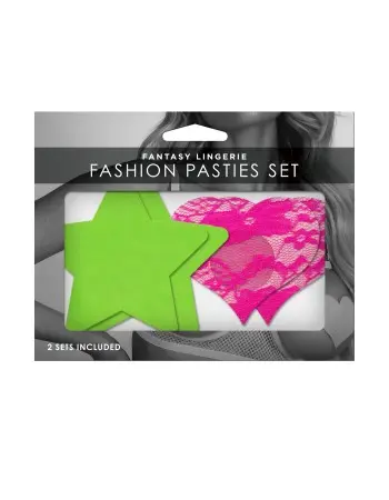 Fashion Pasties Set - Neon Green Solid Star and Neon Pink Lace Heart
