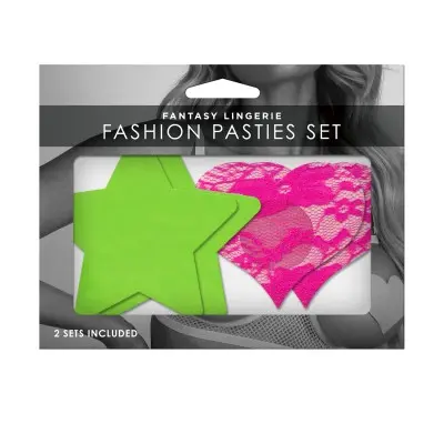 Fashion Pasties Set - Neon Green Solid Star and Neon Pink Lace Heart