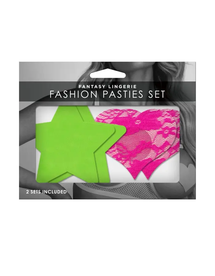 Fashion Pasties Set - Neon Green Solid Star and Neon Pink Lace Heart