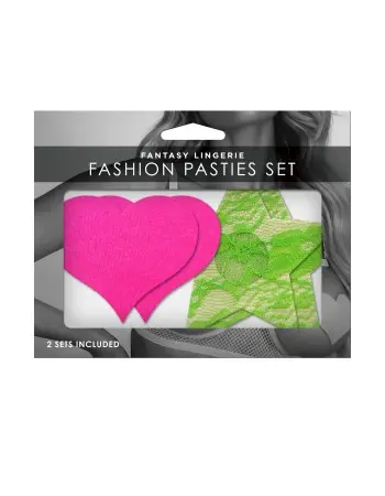 Fashion Pasties Set - Neon Pink Satin Heart and  Neon Green Lace Star