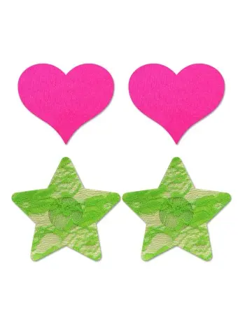 Fashion Pasties Set - Neon Pink Satin Heart and  Neon Green Lace Star