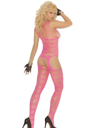 Vertical Striped Suspender Bodystocking - Neon Pink