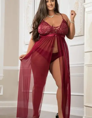 2 Pc Empire Waist Laced Sheer Long Dress and Panty - Mulled Wine
