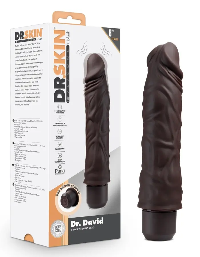 Dr. Skin Silicone - Dr. David - 8 Inch Vibrating  Dildo - Brown