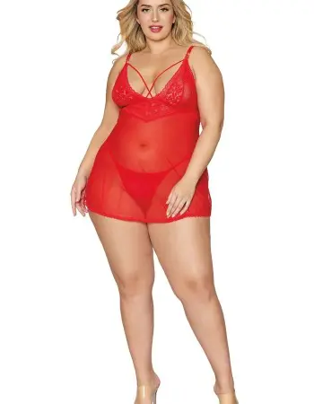 Babydoll and G-String - Queen Size - Lipstick Red