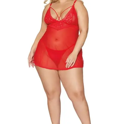 Babydoll and G-String - Queen Size - Lipstick Red