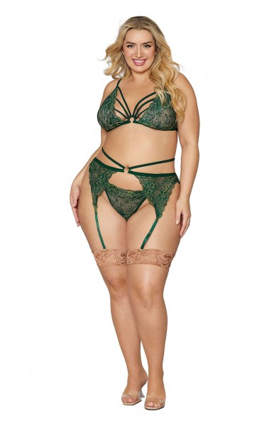 Bralette With Garter Belt and G-String - Queen Size - Evergreen