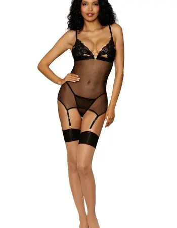 Garter Slip and G-String - One Size - Black