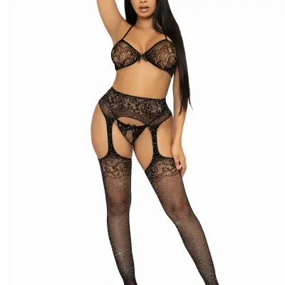 3 Pc Rhinestone Bra Top, G-String, and Garter Belt Stockings - One Size - Black