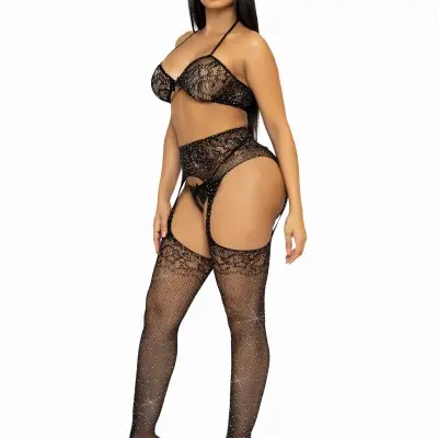 3 Pc Rhinestone Bra Top, G-String, and Garter Belt Stockings - One Size - Black